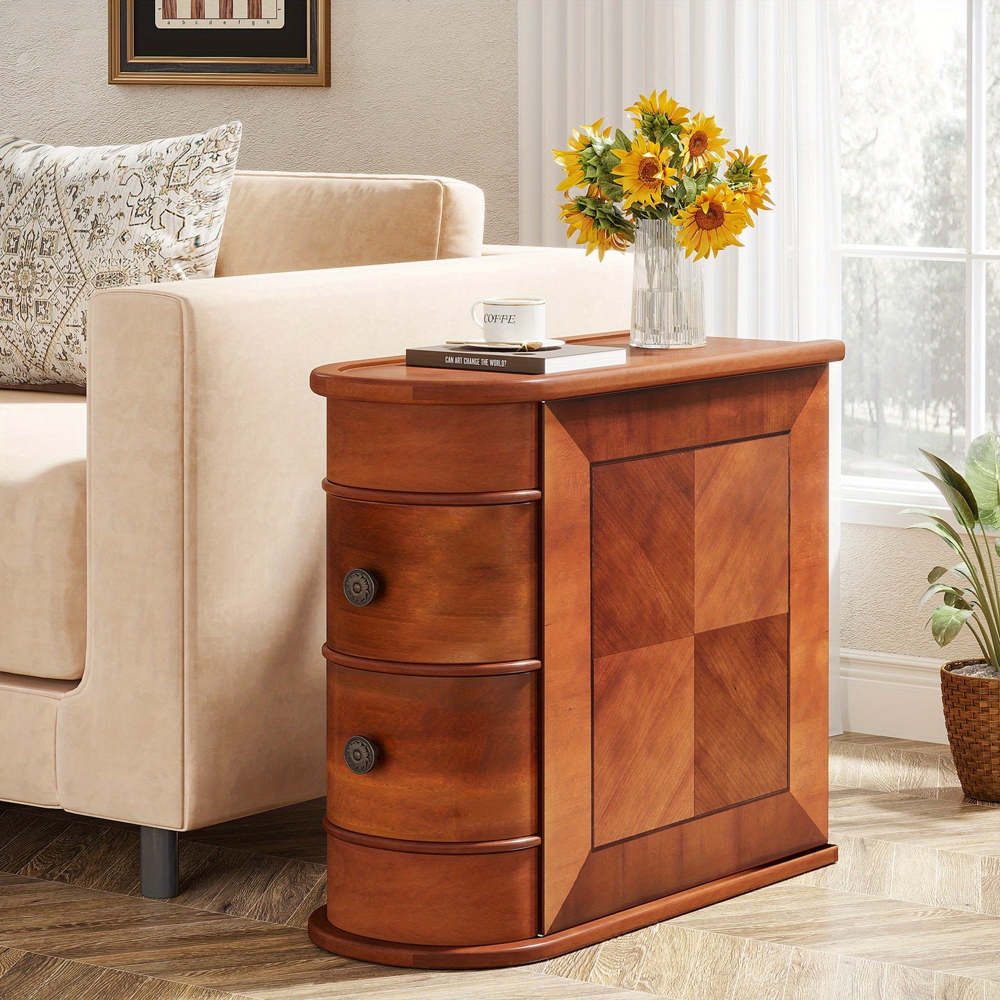 Houten Sidetable – Bedtafel – Nachtkastje – Smalle Bijzettafel – Opbergtafel – Massief Hout – Geen Montage Nodig – Met Lade – Multifunctioneel