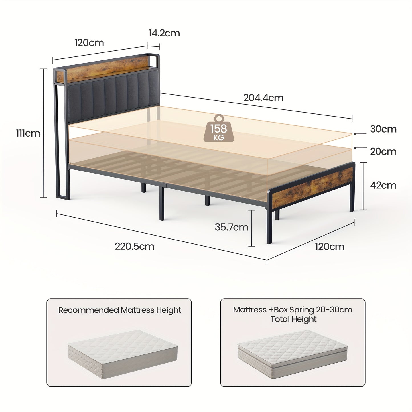 Bedframe – Bedombouw – Houten Bed – Gestoffeerd Bed – Metalen Bedframe – Donkergrijs – 120 x 200 cm – Stevige Metalen Constructie – Massief Houten Lattenbodem