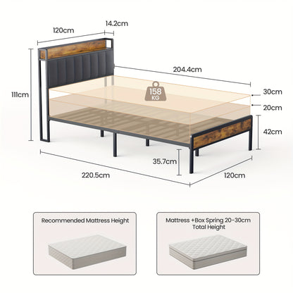 Bedframe – Bedombouw – Houten Bed – Gestoffeerd Bed – Metalen Bedframe – Donkergrijs – 120 x 200 cm – Stevige Metalen Constructie – Massief Houten Lattenbodem