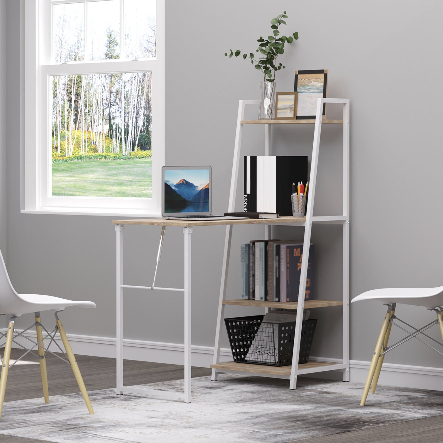 Bureau – Bureautafel – Computerbureau – Werkplek – Klapbureau – Ruimtebesparend Ontwerp – 4 Geïntegreerde Planken – Licht Eikenhout Look – Wit Metalen Frame
