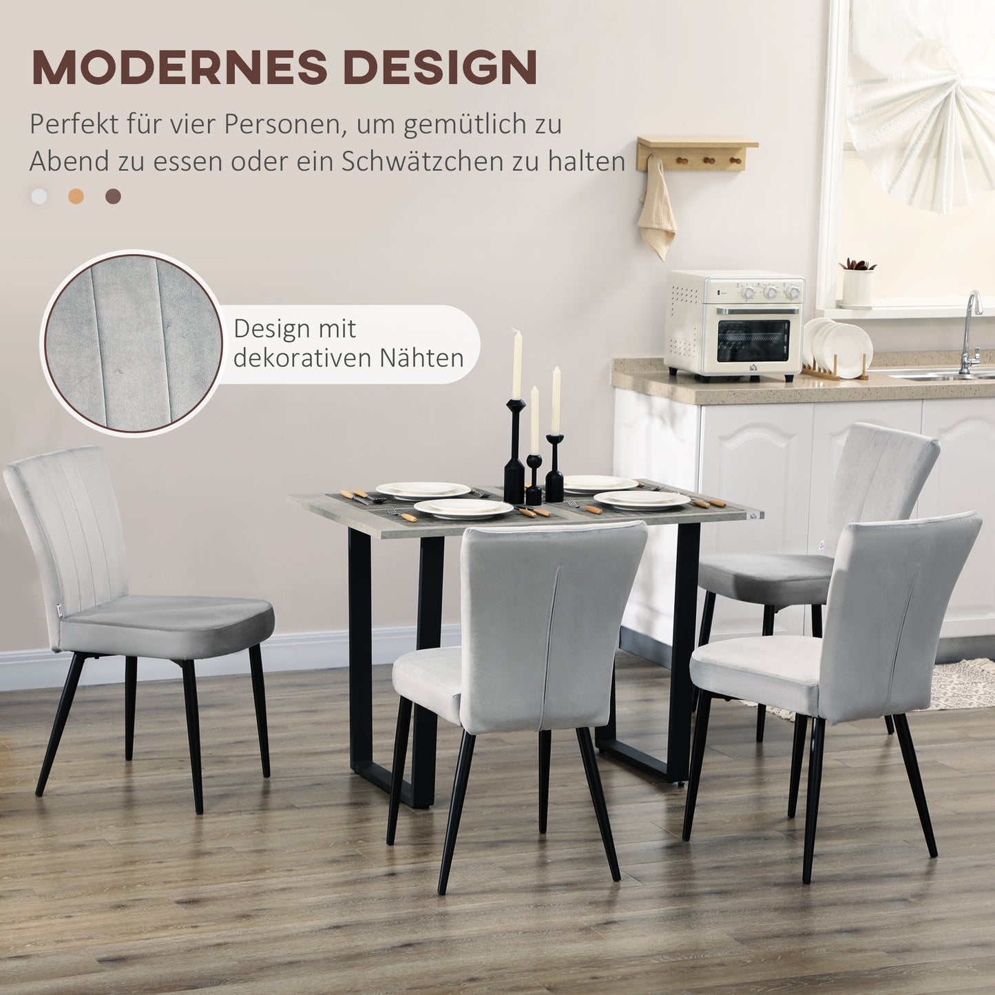 Eetkamerstoel – Stoel – Kuipstoel – Keukenstoel – Accentstoel – Fluwelen Velvet Bekleding – Metaal Frame – Set Van 4 – Lichtgrijs