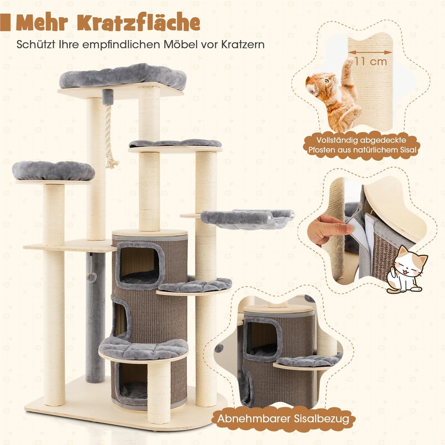 Krabpaal – Klimmeubel – Kattenmeubel – Kattenhuis – Speelboom – 173 cm Hoog – Massief Hout Met Sisal & Pluche