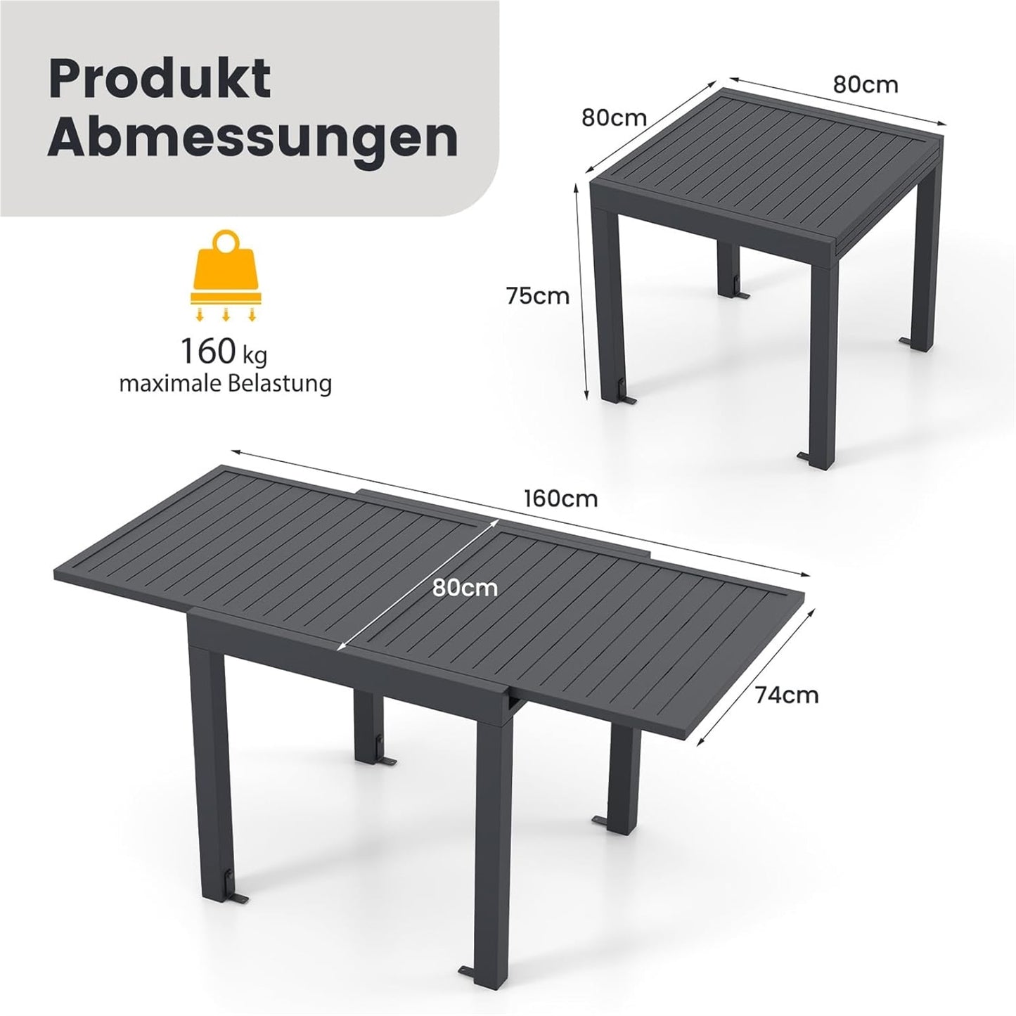 Uitschuifbare Aluminium Tuinset – Tuinmeubel – Terrastafel – Buiten Tafel – Verstelbare Eettafel – 80/160 x 80 cm – Lichtgewicht & Weerbestendig