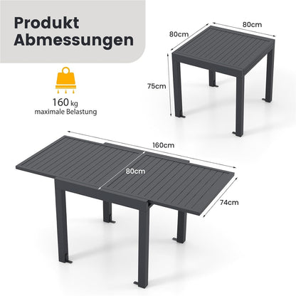 Uitschuifbare Aluminium Tuinset – Tuinmeubel – Terrastafel – Buiten Tafel – Verstelbare Eettafel – 80/160 x 80 cm – Lichtgewicht & Weerbestendig