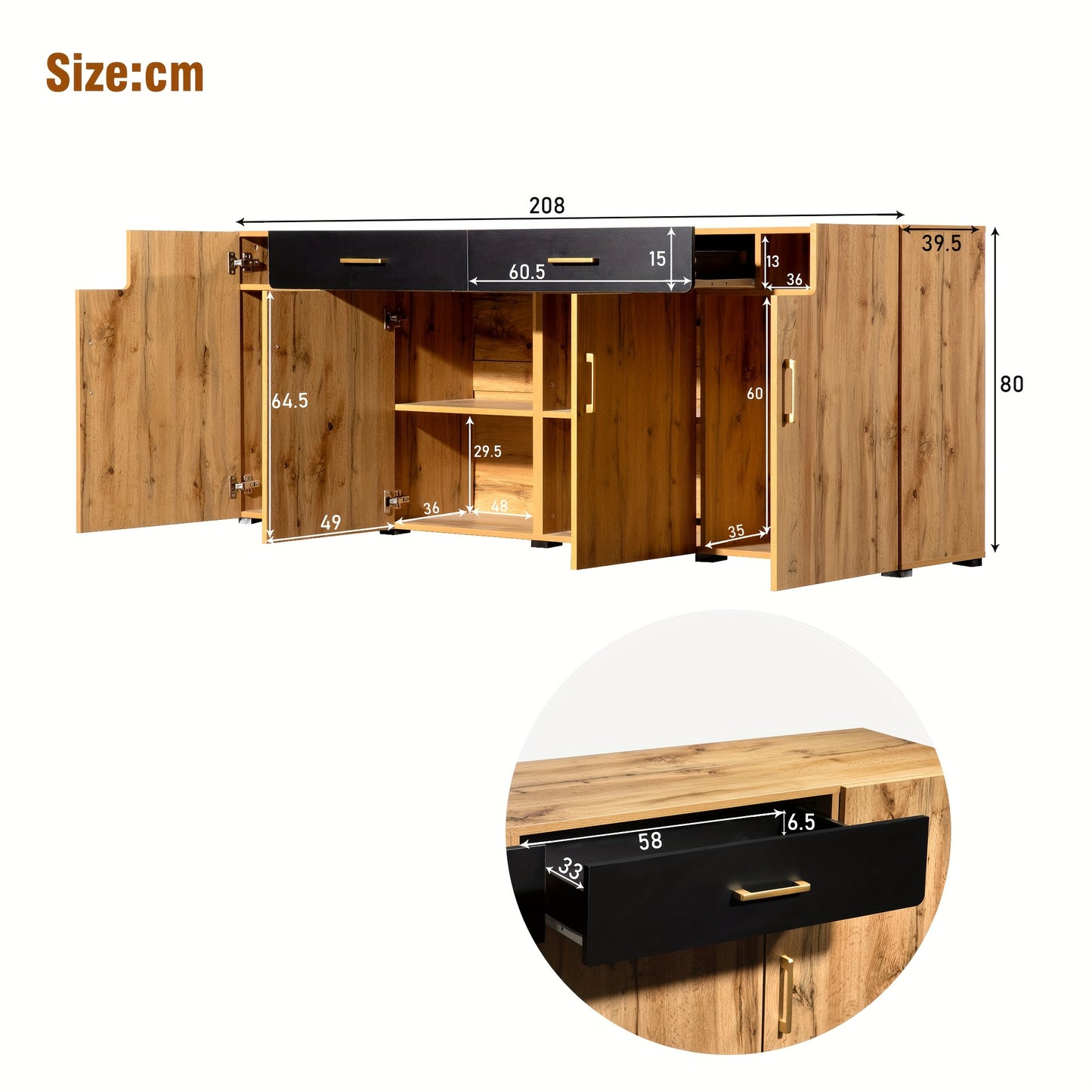 Dressoir – Opbergkast – Ladekast – Buffetkast – Kast – Hout – 208x39,5x80 cm – 4 Deuren en 2 Laden – Open Buffetgedeelte