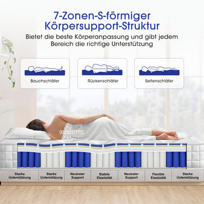 Matras 90x200 cm – Pocketveringmatras – Eenpersoonsmatras – Koudschuimmatras – Tweepersoonsmatras – 7-Zones Ontwerp – Stevige H3 Hardheid – 22 cm Hoog met Memory Foam Toplaag