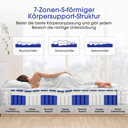 Matras 90x200 cm – Pocketveringmatras – Eenpersoonsmatras – Koudschuimmatras – Tweepersoonsmatras – 7-Zones Ontwerp – Stevige H3 Hardheid – 22 cm Hoog met Memory Foam Toplaag