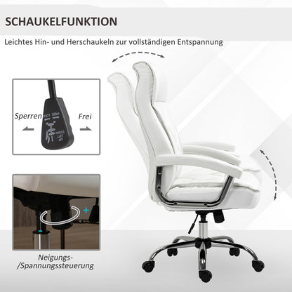 Bureaustoel – Executive Chair – Office Chair – Draaistoel – Ergonomische Stoel – Hoogte Verstelbaar – 360° Draaibaar Met Schommelfunctie – Wit Kunstleer Met Diamantpatroon – Stabiel Metalen Frame 66x69x121 cm