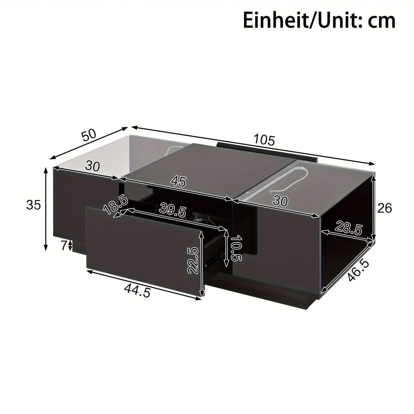 Salontafel – Koffietafel – Woonkamertafel – Bijzettafel – Tafel – Modern Minimalistisch – Glazen Blad & 2 Lades – Zwart of Wit Mat Ontwerp