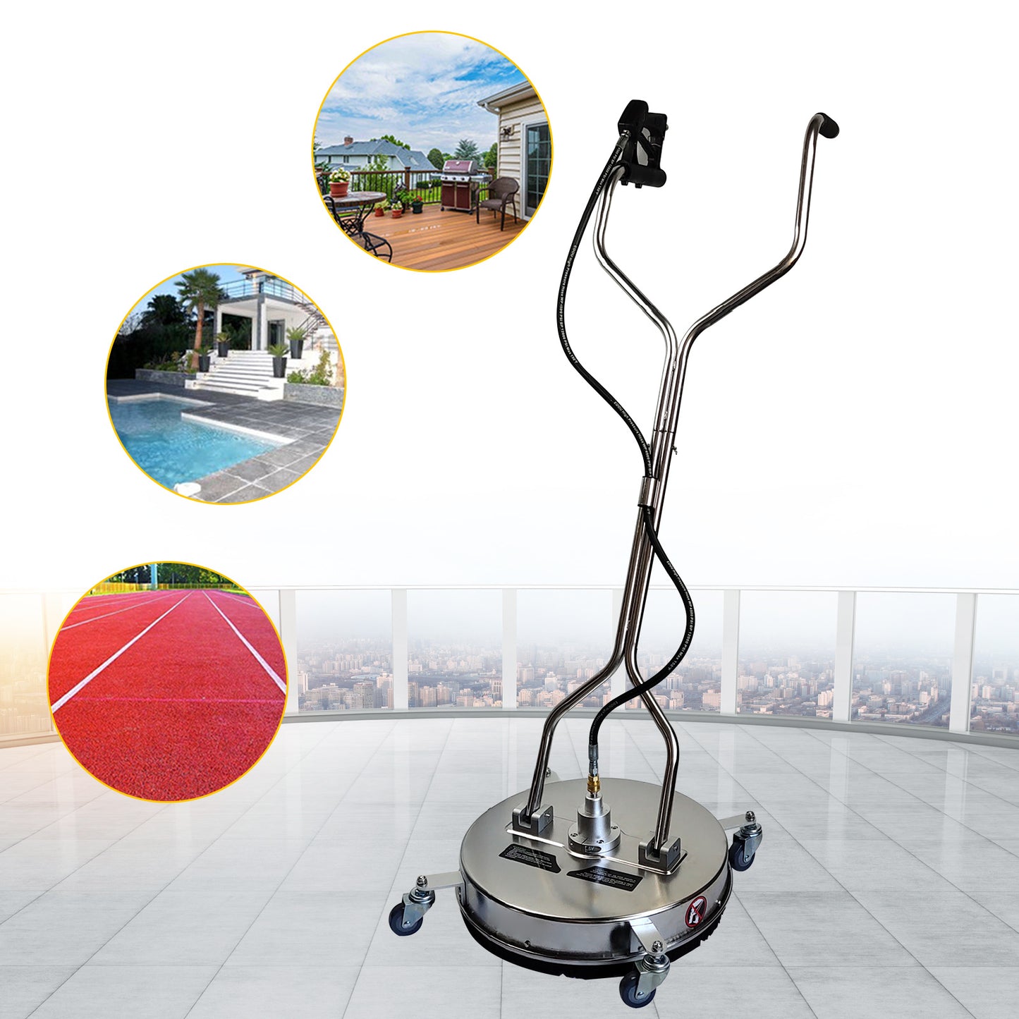 Hogedruk Oppervlakte Reiniger – Terrasreiniger – Zwembadreiniger – Opritreiniger – Schoolpleinreiniger – Roestvrijstalen Behuizing – 4500 PSI Krachtige Reiniging – 4 Universele Wielen – Professioneel & Duurzaam – Modern Variant