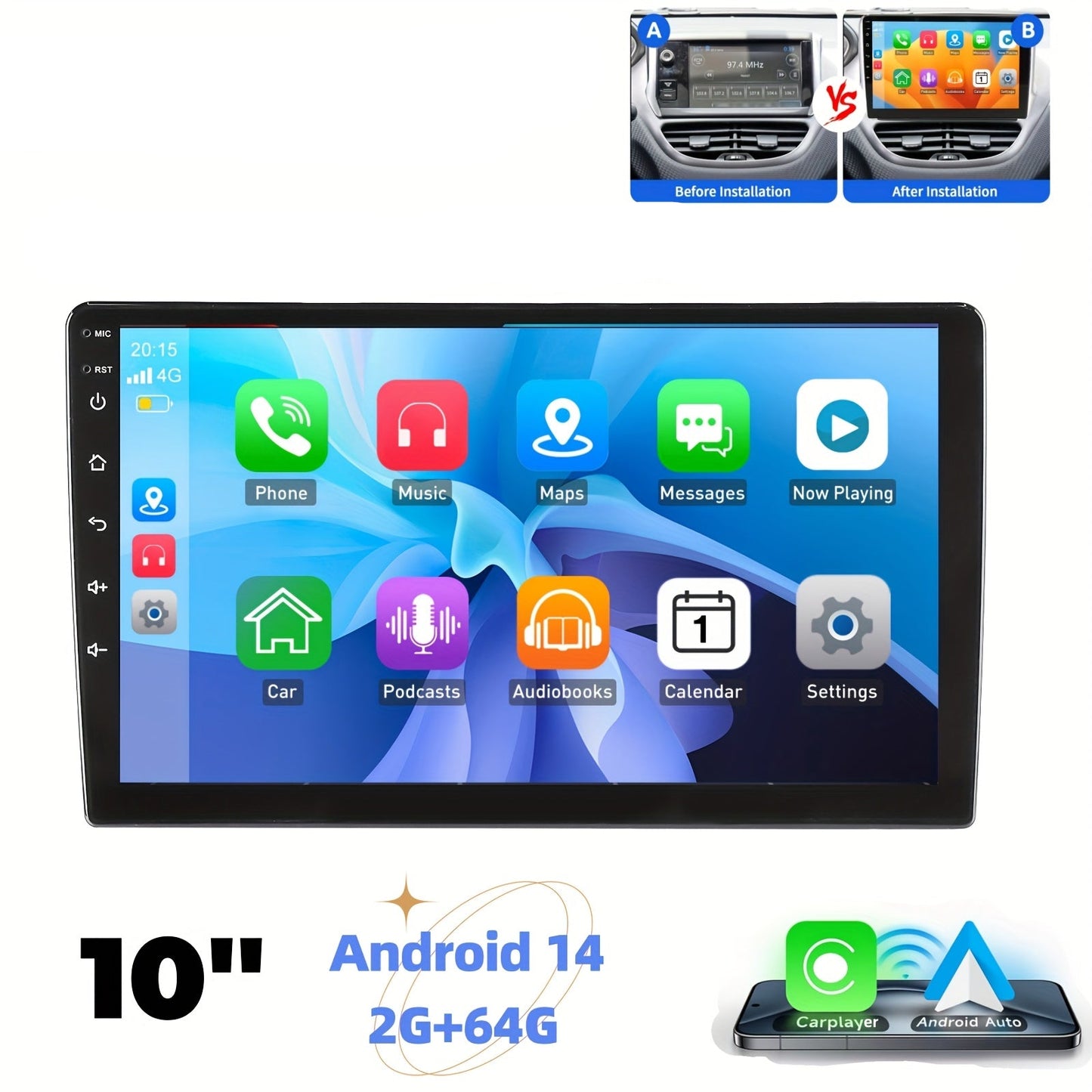 Autoradio Peugeot 208 2008 – Multimedia Systeem – Navigatie Speler – Touchscreen Radio – 2 DIN Android 14 – 10,1 Inch Groot Scherm – Draadloze CarPlay & Android Auto
