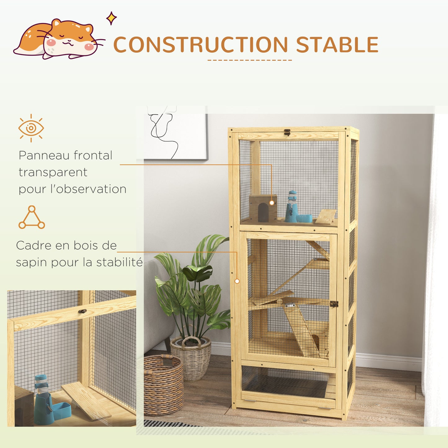 Hamsterras – Knaagdierkooi – Dierenkooi – Houten Kooi – Kleine Dierenkooi – 5 Verdiepingen Met Ladder & Schommel – Uitneembare Bodemlade & Natuurlijk Hout – 54x38x131 cm