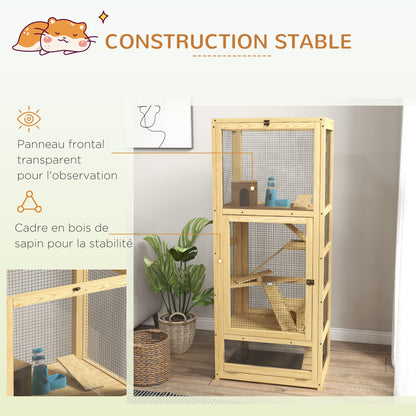 Hamsterras – Knaagdierkooi – Dierenkooi – Houten Kooi – Kleine Dierenkooi – 5 Verdiepingen Met Ladder & Schommel – Uitneembare Bodemlade & Natuurlijk Hout – 54x38x131 cm