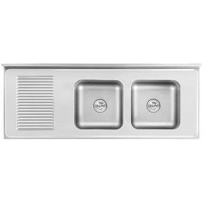 Dubbele Spoelbak – Keukenspoelbak – RVS Spoelbak – Gastronomische Spoelbak – Spoelunit Met Kast – Roestvrij Staal – 160x60x95 cm – Dubbele Bak 40x40 cm – Kast Met Schuifdeuren