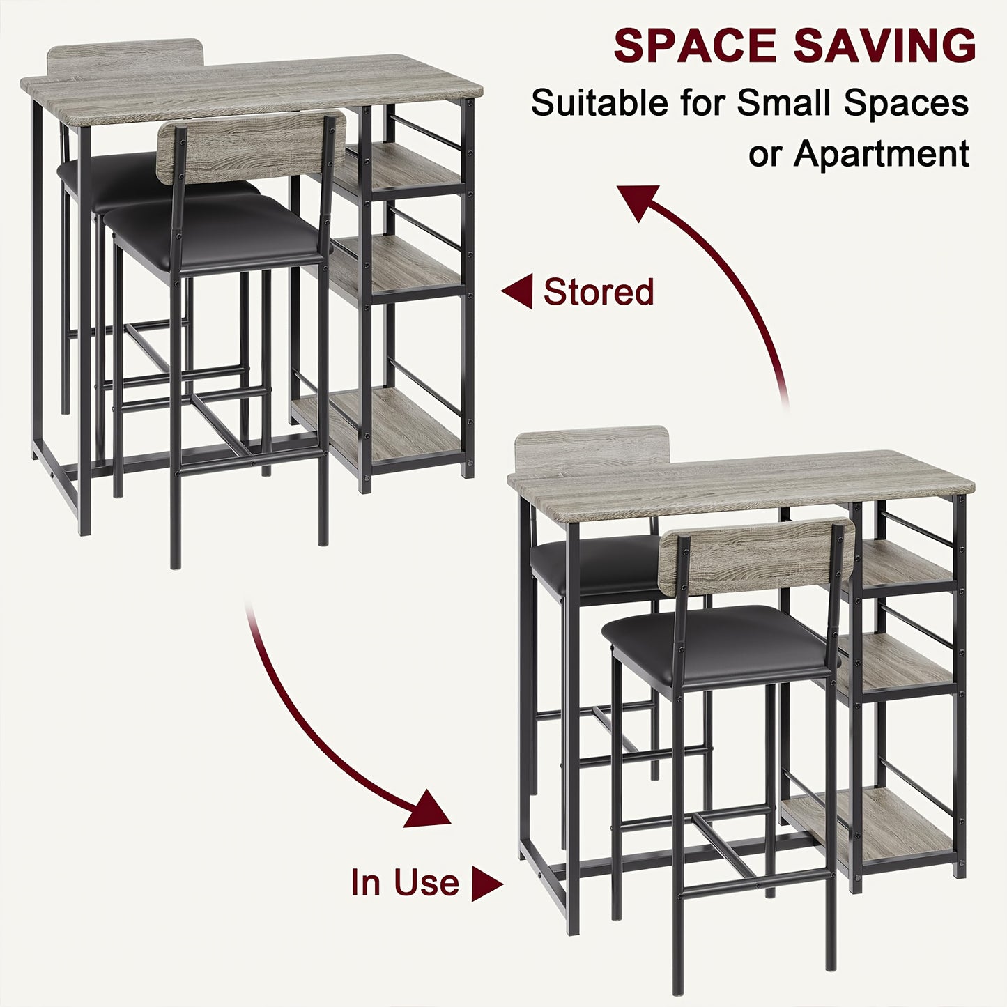 Eettafelset – Keukentafelset – Bistroset – Barstoelset – Stoelenset – Compact Ontwerp – Comfortabele Gevoerde Stoelen – Grijs Kunstboard Houten Frame