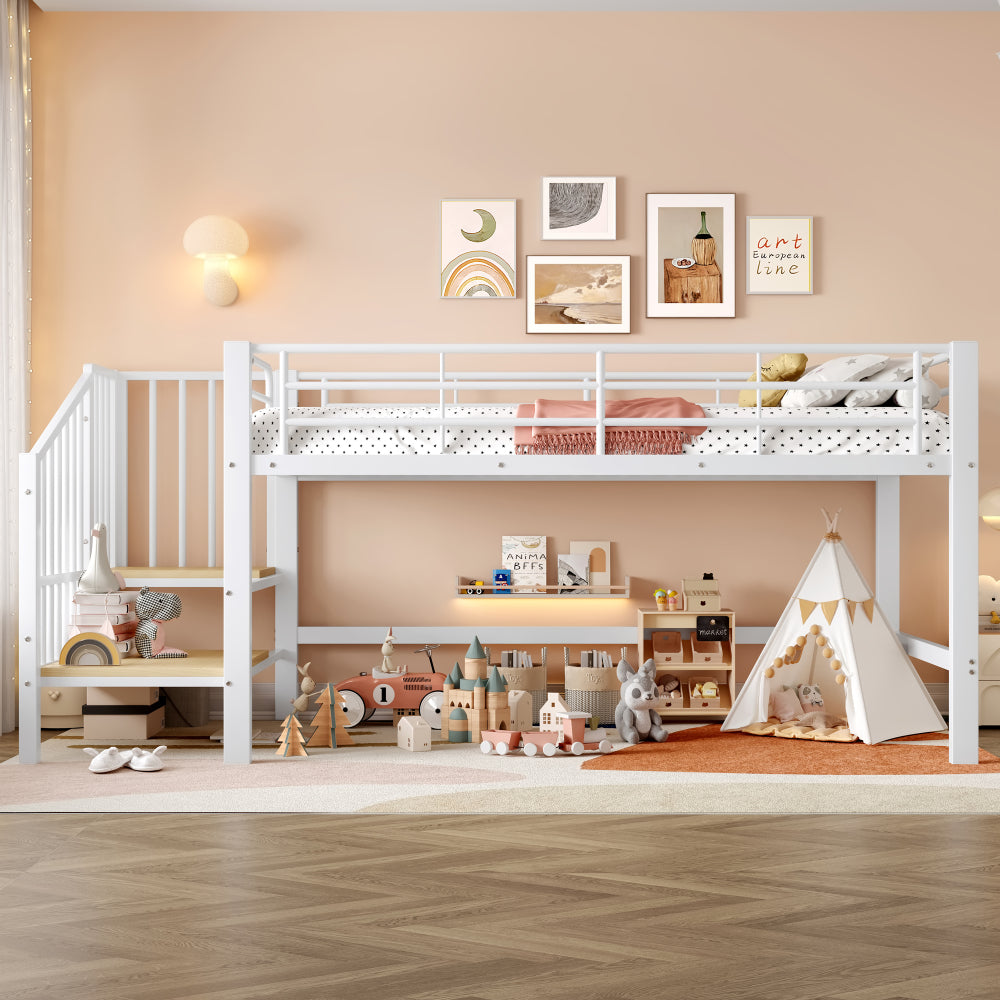 Hoogslaper – Kinderbed – Eenpersoonsbed – Hoogbed – Stapelbed – Wit – 90x200 cm – Ruimtebesparend Design – Opbergtreden Zonder Hout