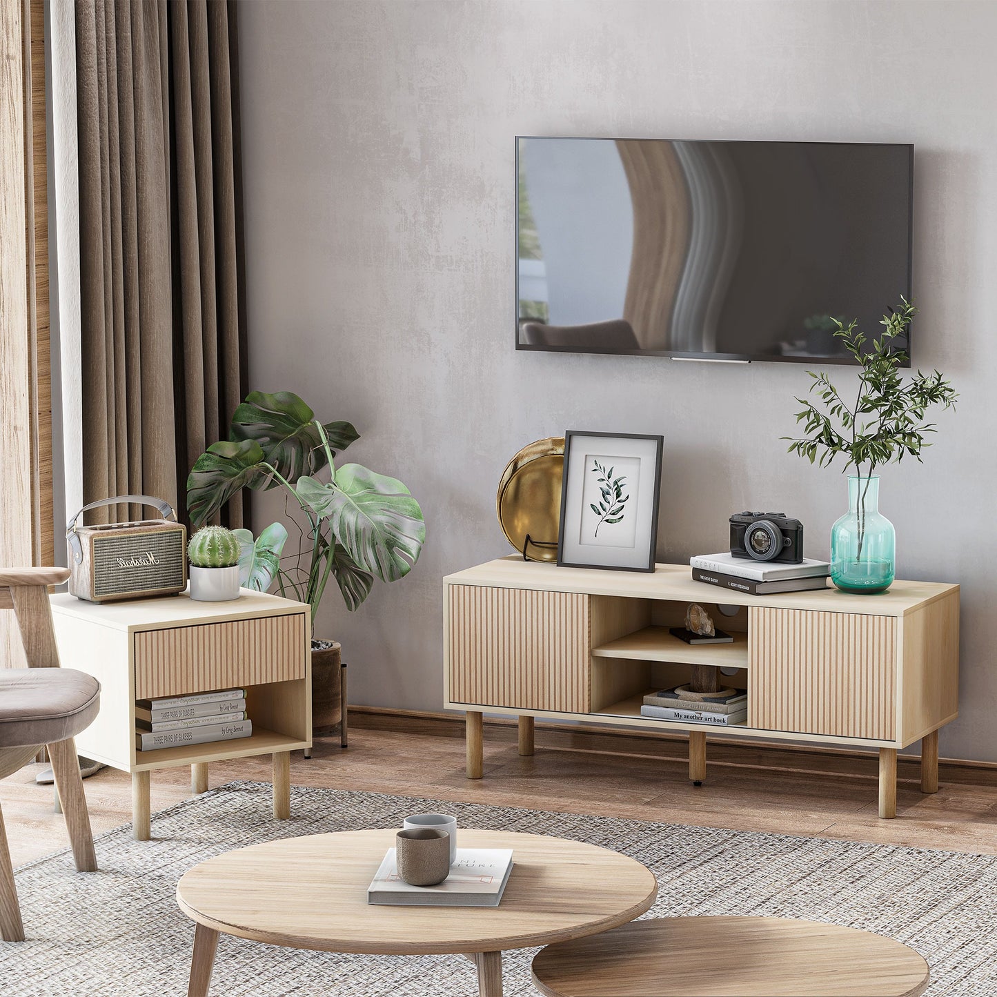 Tv Meubel – TV Kast – TV Dressoir – TV Stand – Meubel – Scandinavisch Design – 2 Schuifdeuren – Kabeldoorvoer – 115x40x49 cm – Geschikt tot 50 inch