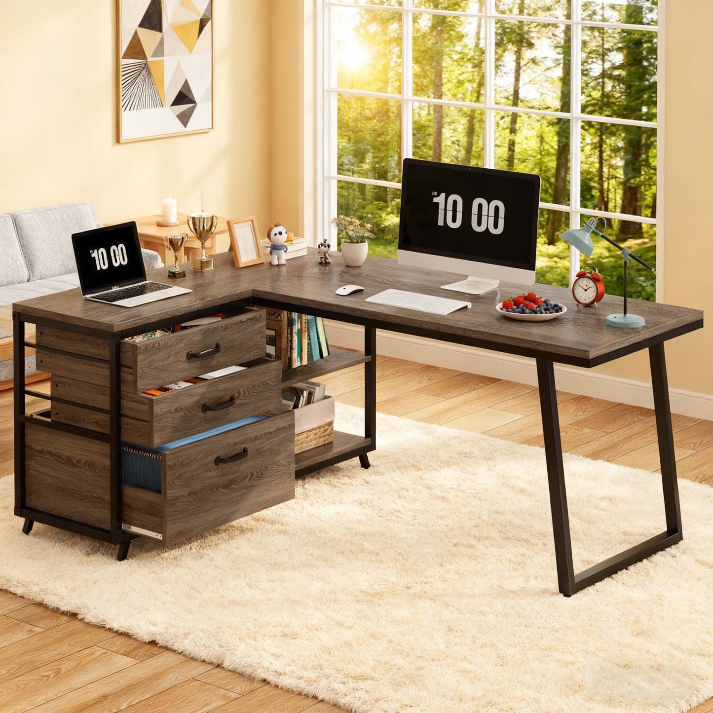 L-Shaped Corner Desk Suitable for Home Office - Reversible Computer Desk with 3-Drawer Storage & 2-Tier Shelves, Space-Saving Wide Workstation Table, Assembly, Engineered Wood