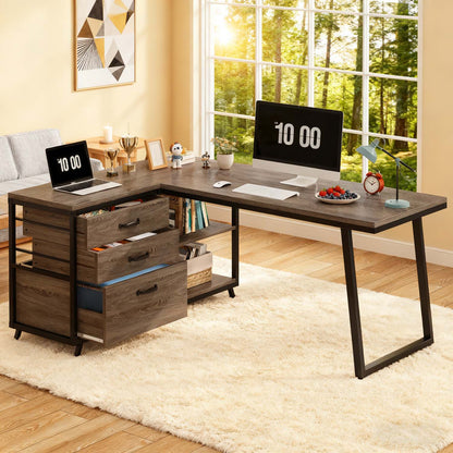 L-Shaped Corner Desk Suitable for Home Office - Reversible Computer Desk with 3-Drawer Storage & 2-Tier Shelves, Space-Saving Wide Workstation Table, Assembly, Engineered Wood