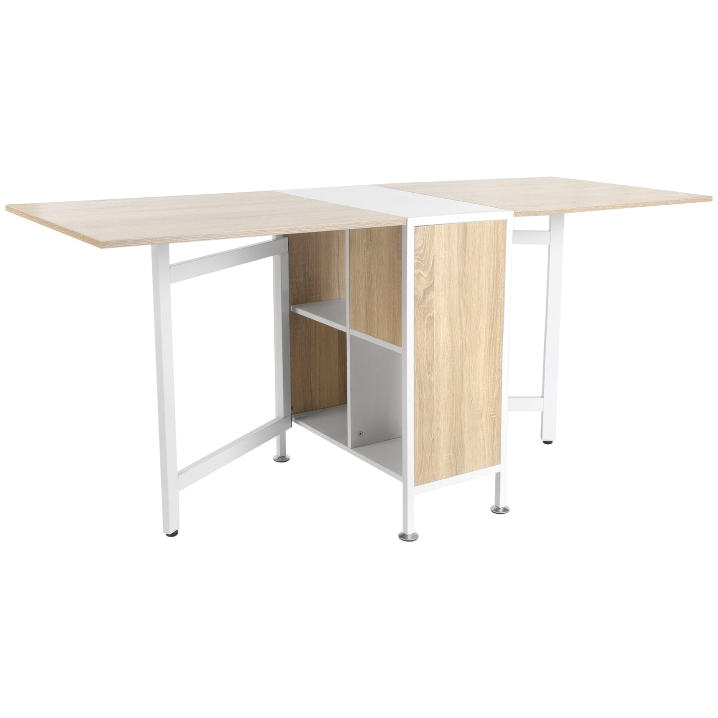 Uitschuifbare Eettafel – Inklapbare Tafel – Opklapbare Eettafel – Klaptafel – Keukentafel – Licht Eiken MDF – 4 Geïntegreerde Opbergniches – Ruimtebesparend Design