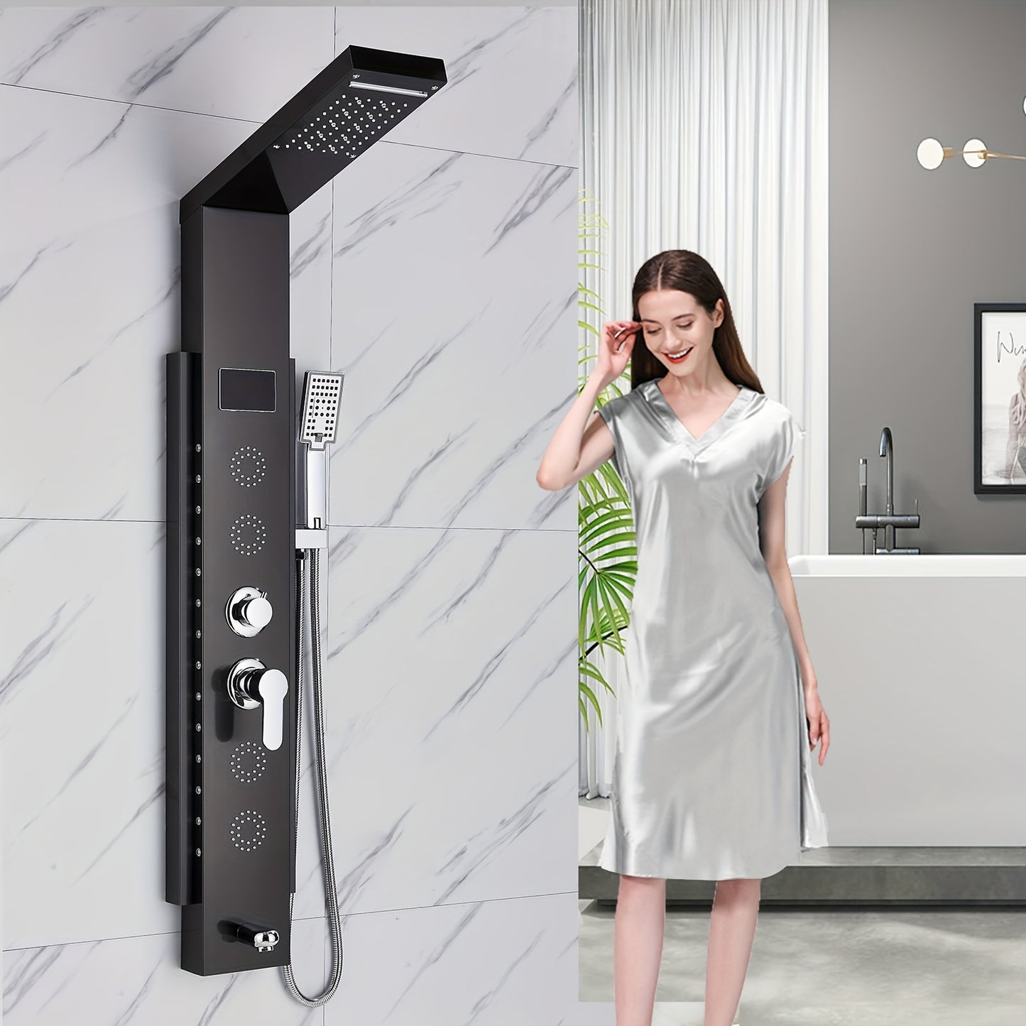 Stainless Steel Shower Column Shower Tower with Shower Mixer Tap, 7 Shower Modes:Rain And Waterfall Shower, 4 Body Massage Jets, 3 Modes Handheld Shower And Bathtub Spout, Brushed Nickel Shower Panel, Shower Sets For Bathroom