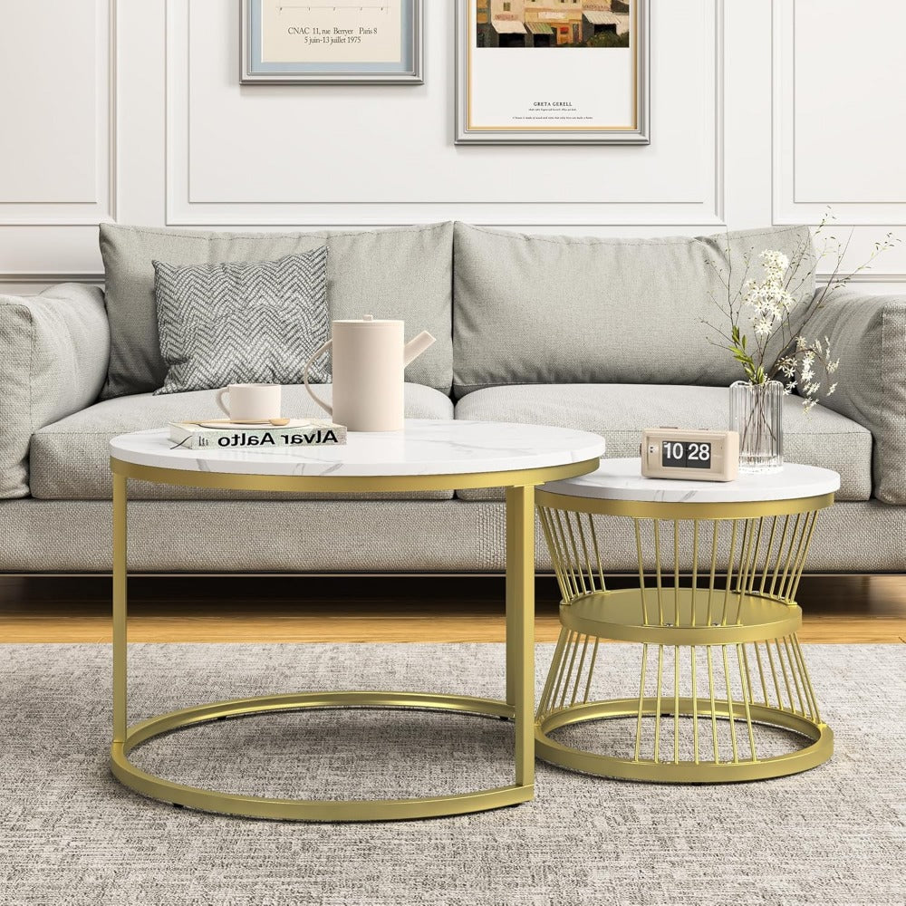 Ronde Salontafel Set – Bijzettafel – Nesting Tafels – Kleine Tafel – Laagbouw Tafels – Wit Goud – Marmerlook MDF Blad – Metaal Frame – Ruimtebesparend – Lichtgewicht