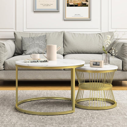 Ronde Salontafel Set – Bijzettafel – Nesting Tafels – Kleine Tafel – Laagbouw Tafels – Wit Goud – Marmerlook MDF Blad – Metaal Frame – Ruimtebesparend – Lichtgewicht