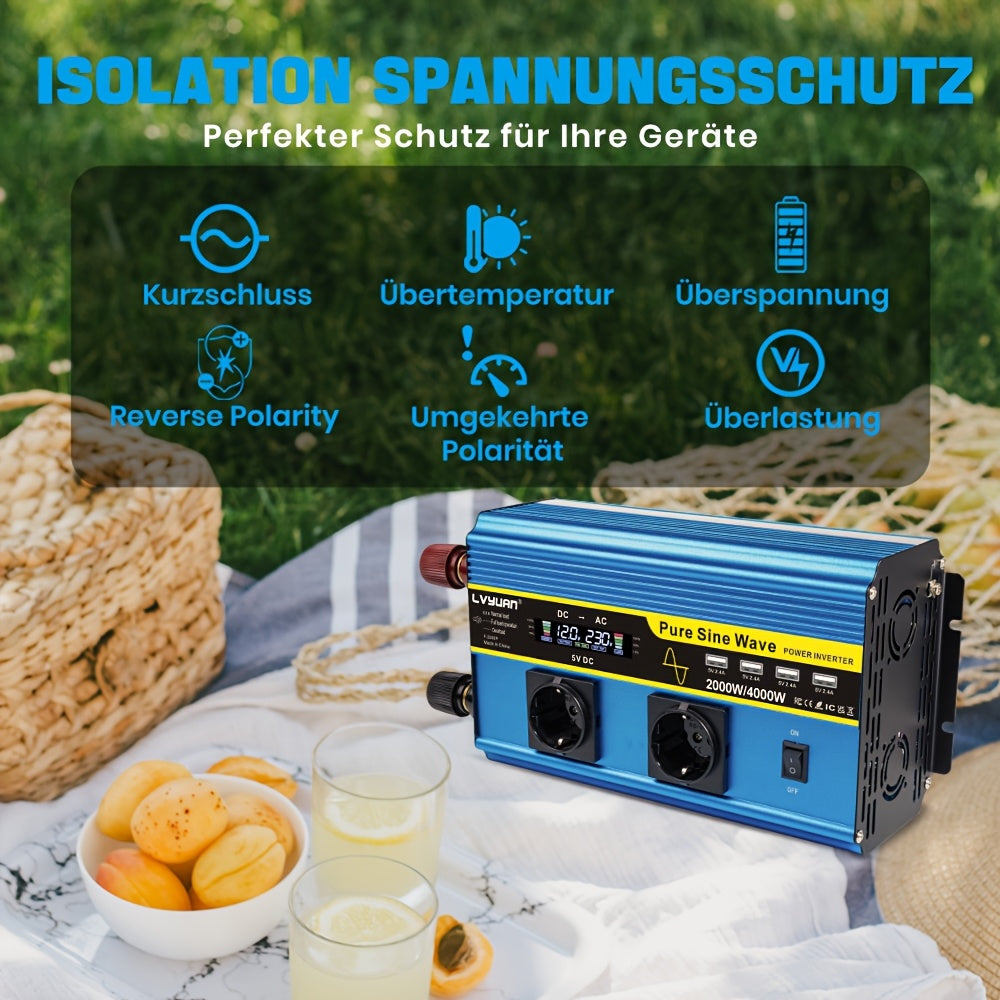 Omvormer Auto – Stroomadapter – Spanningsomzetter – Inverter – Converter – 2000W Continu Vermogen – Pure Sinusgolf Met LCD Display