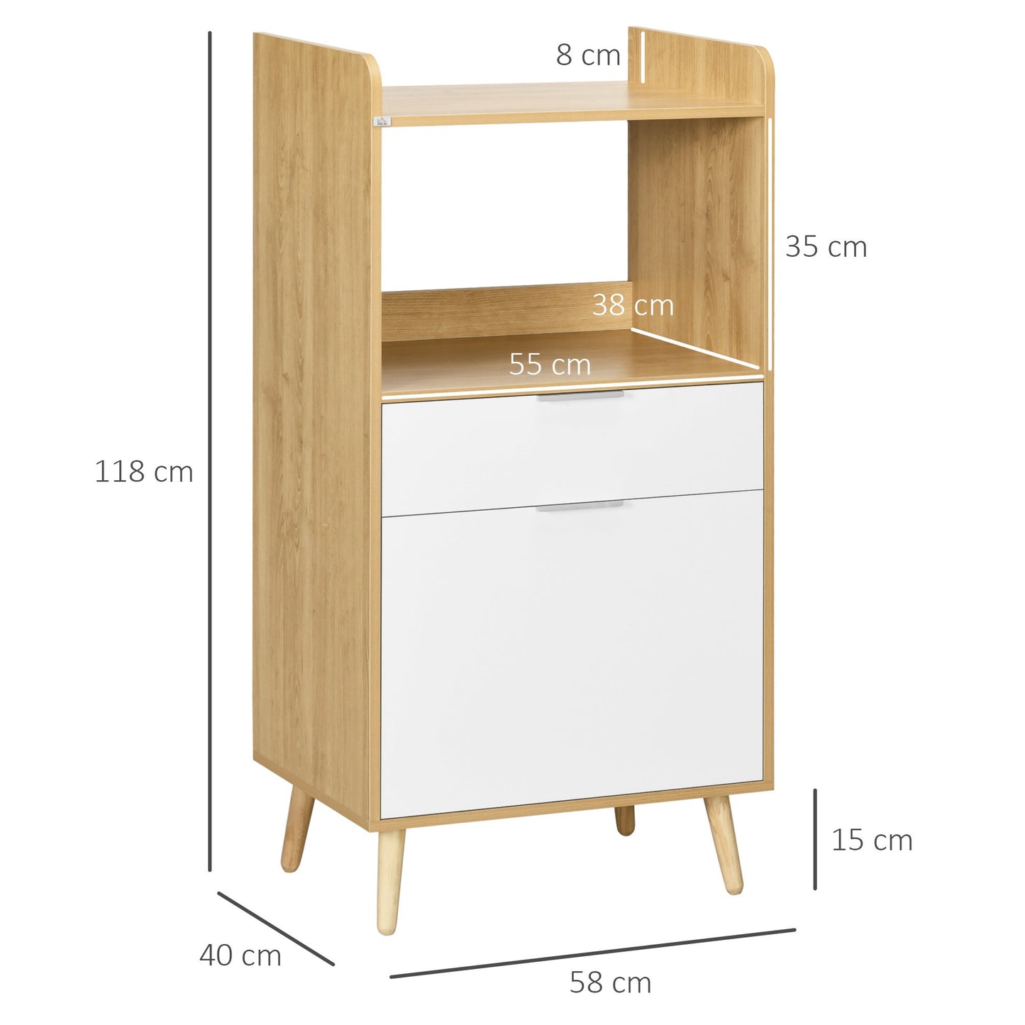 Keukenkastje – Keukenkast – Keukenmeubel – Opbergkast – Magnetronkast – Scandinavisch design – Verstelbare plank – 58 x 40 x 118 cm – Spaanplaat en massief hout