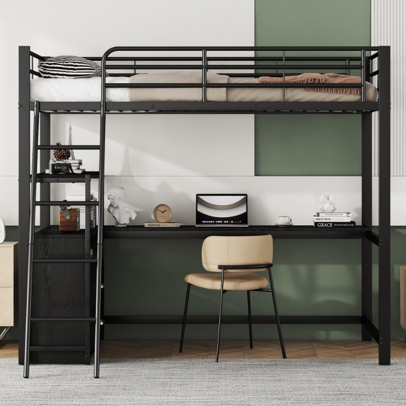 Hoogslaper Bed – Stapelbed – Studiebureau Bed – Ruimtebesparend Bed – Loft Bed Zwart – Stevig Metalen Frame – Ingebouwd L-Vormig Bureau