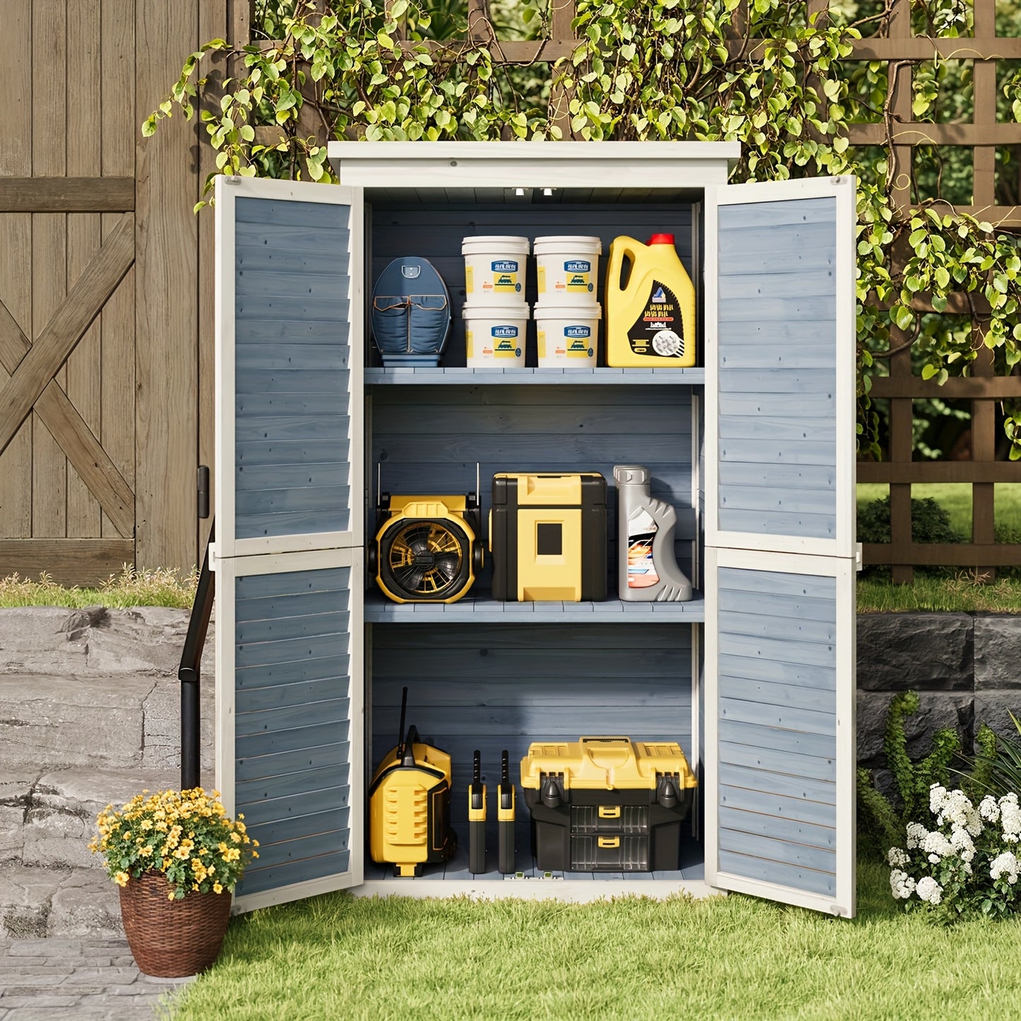Houten Tuinkast – Tuinkast Met Schuifdeuren – Tuinberging – Buitenkast – Opbergkast – Grijs – 2-Laags Met Ruime Legplanken – Stevig Houten Materiaal