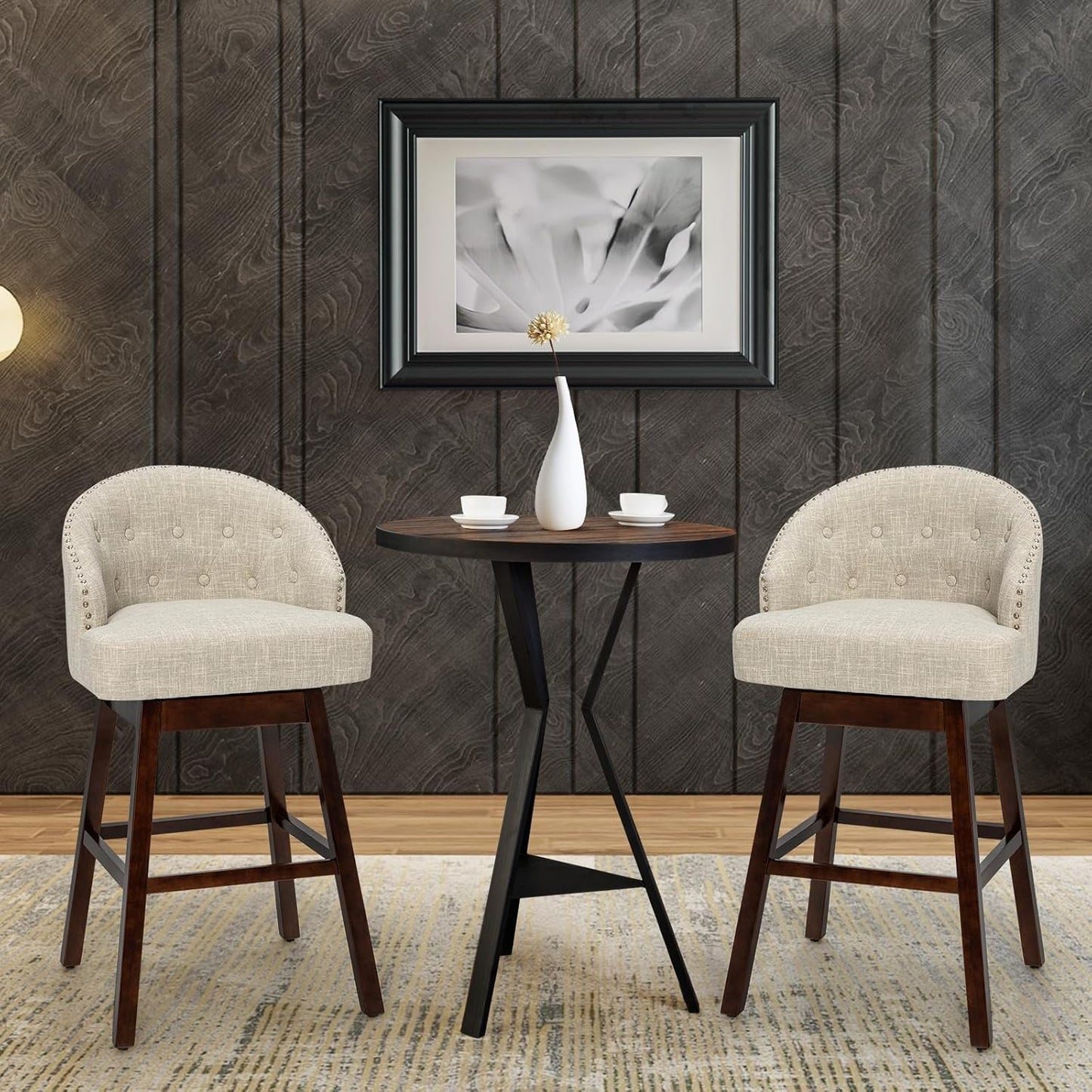 Barkrukken – Barstoelen – Keukenstoelen – Barkruk Set – 2 Stuks – 360° Draaibaar – Ergonomische Rugleuning – Verstelbare Voetensteun – Beige Rubberwood Frame
