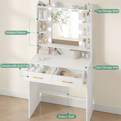 Kaptafel – Make-uptafel – Verzorgingstafel – Schminktafel – Toilettafel – Verstelbare Dimbare LED-Verlichting – Compact Formaat 40x80x149 cm – Wit