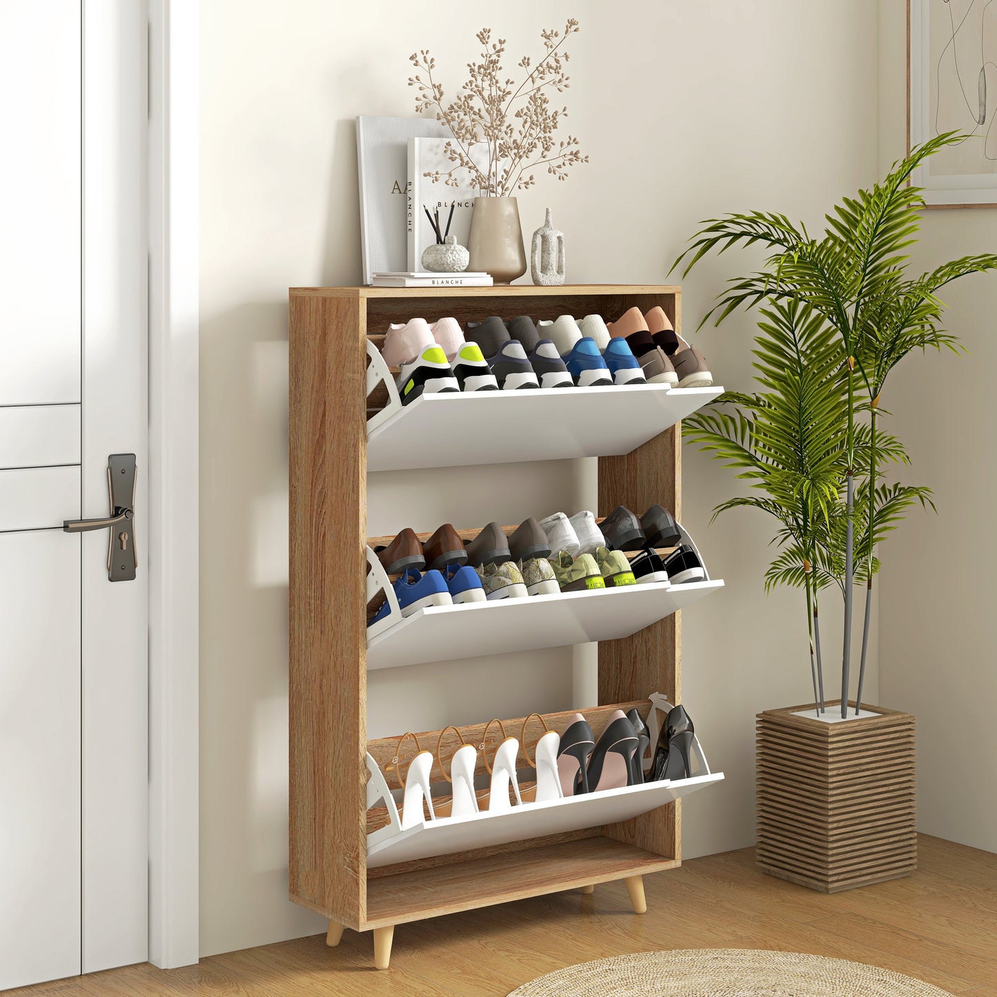 Schoenenkast – Schoenenrek – Schoenenopberger – Schoenenbank – Hal Organizer – 3 Draaideuren – Verstelbare Planken – Wit & Houtlook – 72x24x119 cm – Anti-Kantel Veiligheid