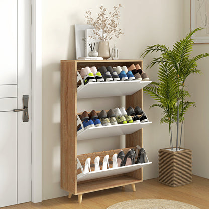 Schoenenkast – Schoenenrek – Schoenenopberger – Schoenenbank – Hal Organizer – 3 Draaideuren – Verstelbare Planken – Wit & Houtlook – 72x24x119 cm – Anti-Kantel Veiligheid