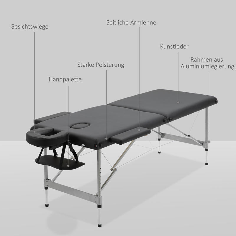 Portable Massage Table Featuring a Face Hole, Arm Supports, Hand Rests, And Dimensions of 186 Cm X 71 Cm X 83 Cm.