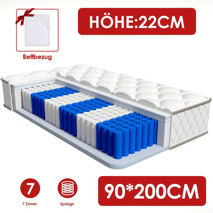 Matras – Pocketveringmatras – Tweepersoonsmatras – Koudschuimmatras – Orthopedisch matras – 140x200 cm – 7-Zones pocketvering – Ademend materiaal – Hoogte 22 cm