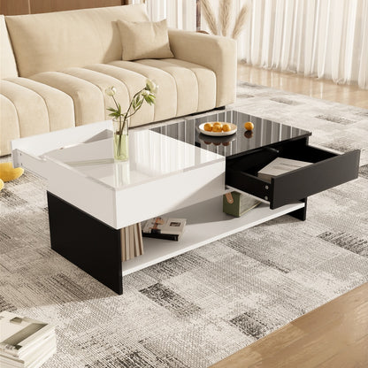 Salontafel – Koffietafel – Woonkamertafel – Bijzettafel – Tafel – Zwart-Wit Design – Hoogglans Tafelblad – Compact 100x48x40 cm