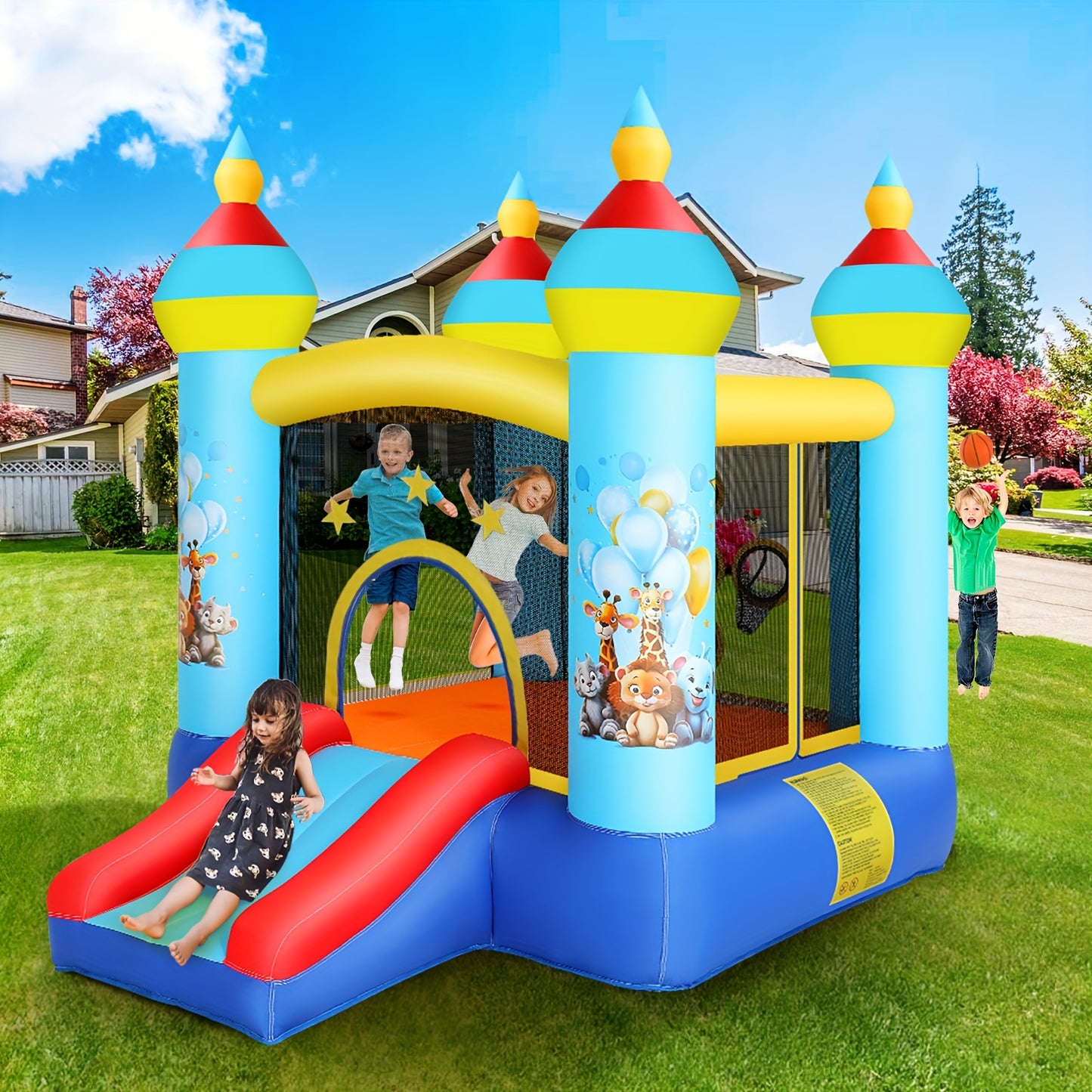 Springkussen met Glijbaan – Opblaasbaar Speeltoestel – Bouncymat – Jumping Castle – Speelkussen – Blauw – Duurzaam Polyester – Inclusief Blower en Haringen