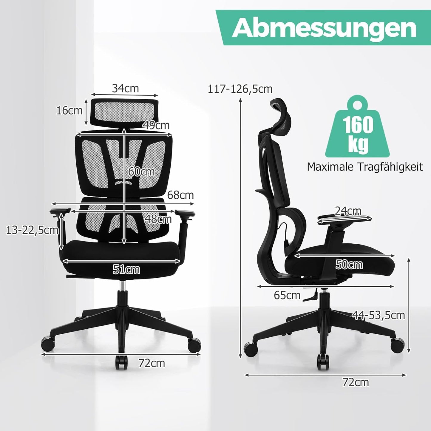 Ergonomische Bureaustoel – Kantoorstoel – Werkstoel – Draaistoel – Bureaustoel Verstelbaar – Lordose Ondersteuning – Verstelbare Hoofdsteun – 160 Kg Draagvermogen