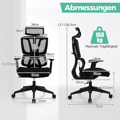 Ergonomische Bureaustoel – Kantoorstoel – Werkstoel – Draaistoel – Bureaustoel Verstelbaar – Lordose Ondersteuning – Verstelbare Hoofdsteun – 160 Kg Draagvermogen