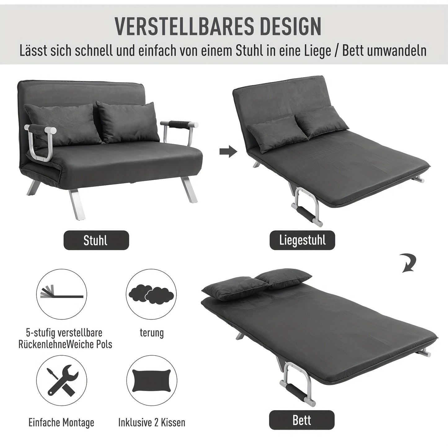 2-Zits Slaapfauteuil – Slaapbank – Bedfauteuil – Loungestoel – Gastensofa – Multifunctioneel 3-in-1 Design – Compact 65x69x80 cm – Micro-suède Grijs