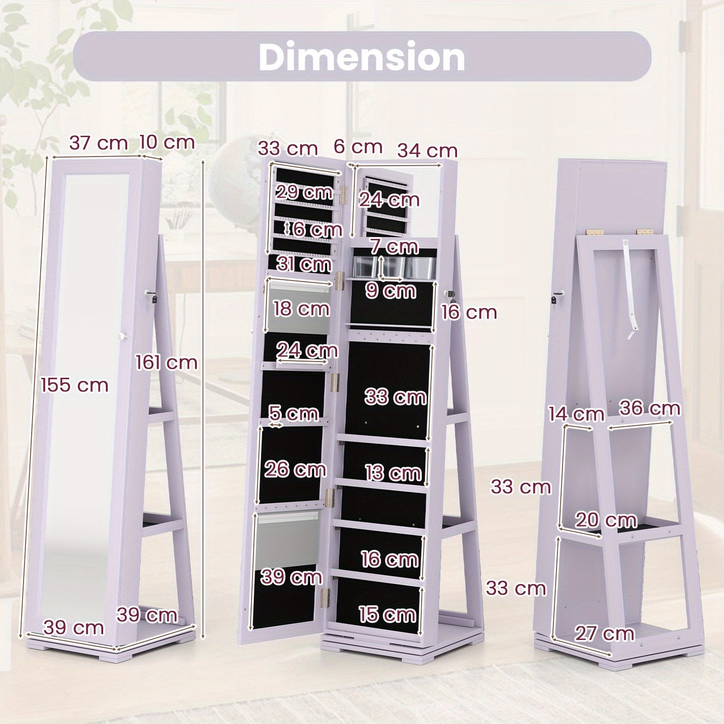 Sieradencabinet – Sieradenkast – Sieradenrek – Jewelry Organizer – Opbergkast – 360° Draaibaar Design – Volledige Lengte Spiegel – Paars Kunsthout – Met Slot
