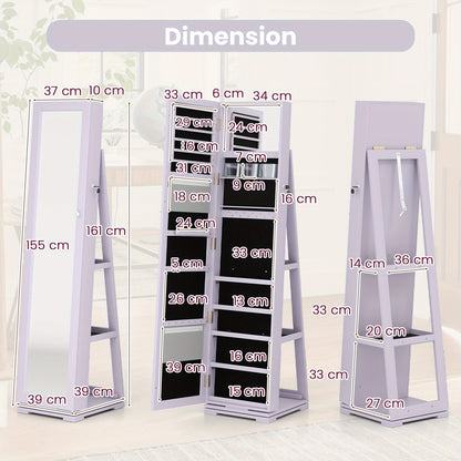 Sieradencabinet – Sieradenkast – Sieradenrek – Jewelry Organizer – Opbergkast – 360° Draaibaar Design – Volledige Lengte Spiegel – Paars Kunsthout – Met Slot