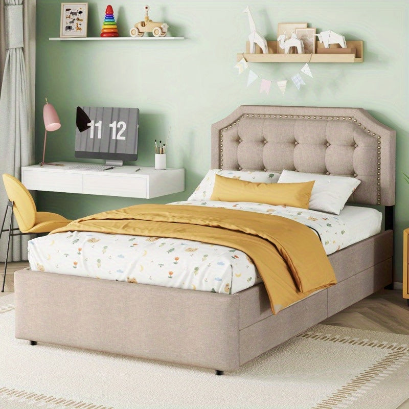 Bedtafel – Nachtkastje – Bedmeubel – Bedzijtafel – Opbergtafel – 90x200 cm – Donker Beige Met Dubbele Lades En Decoratieve Studs