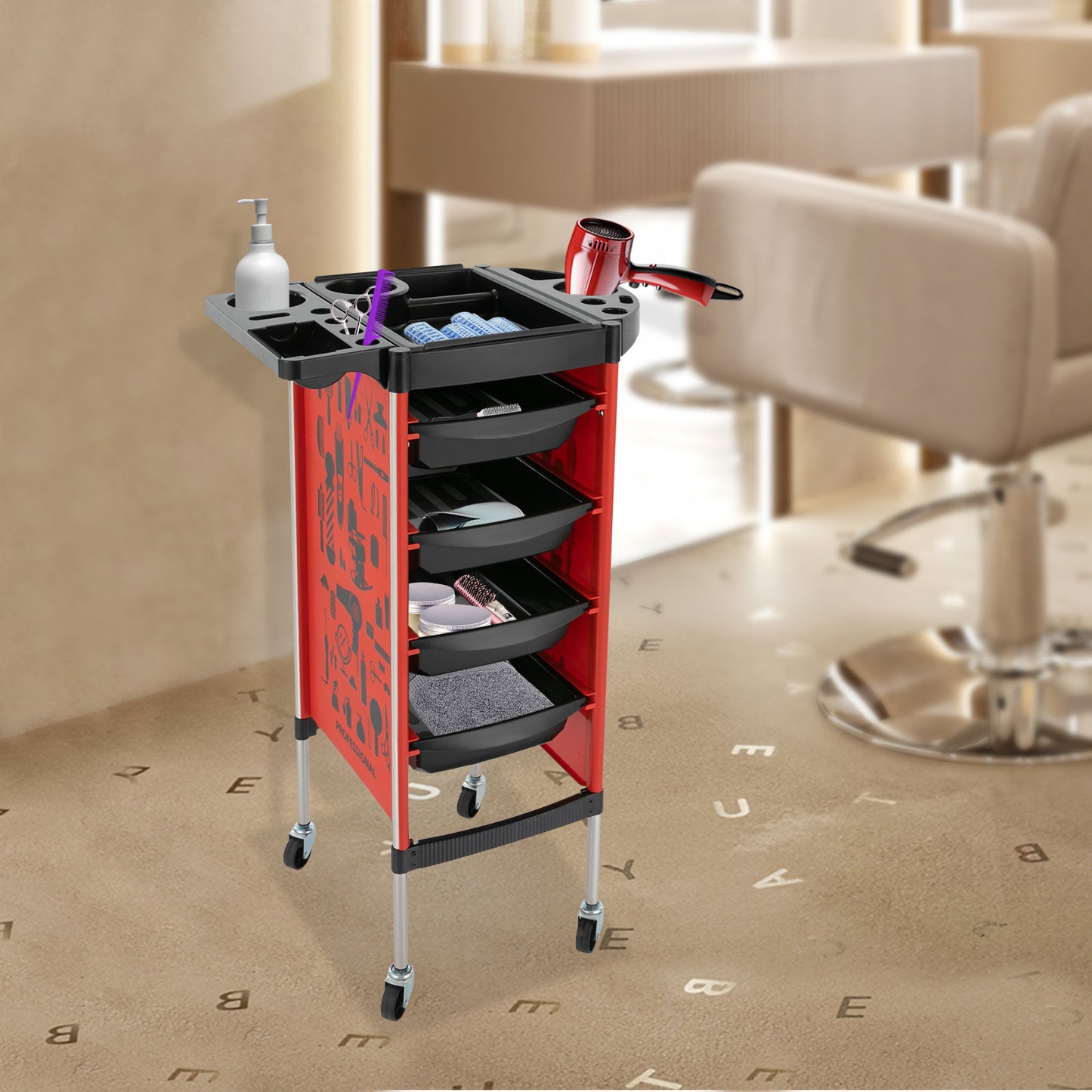 Salonwagen – Kappers Trolley – Werkwagen – Beauty Trolley – Nagelwagen – 5 Lagen Met 4 Laden – Roestvrij Staal & Kunststof – 360° Draaibare Antislip Wieltjes – Zonder Elektriciteit