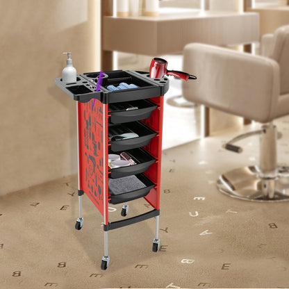 Salonwagen – Kappers Trolley – Werkwagen – Beauty Trolley – Nagelwagen – 5 Lagen Met 4 Laden – Roestvrij Staal & Kunststof – 360° Draaibare Antislip Wieltjes – Zonder Elektriciteit