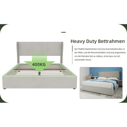 Modern Minimalist Upholstered Bed Frame Queen/King Size (160x200cm) - Beige Fabric Headboard, High-Profile Gas Lift Storage Base, No Box Spring Needed, Easy Assembly, Durable Non-Wood Bed Furniture for Large Mattresses (Mattr