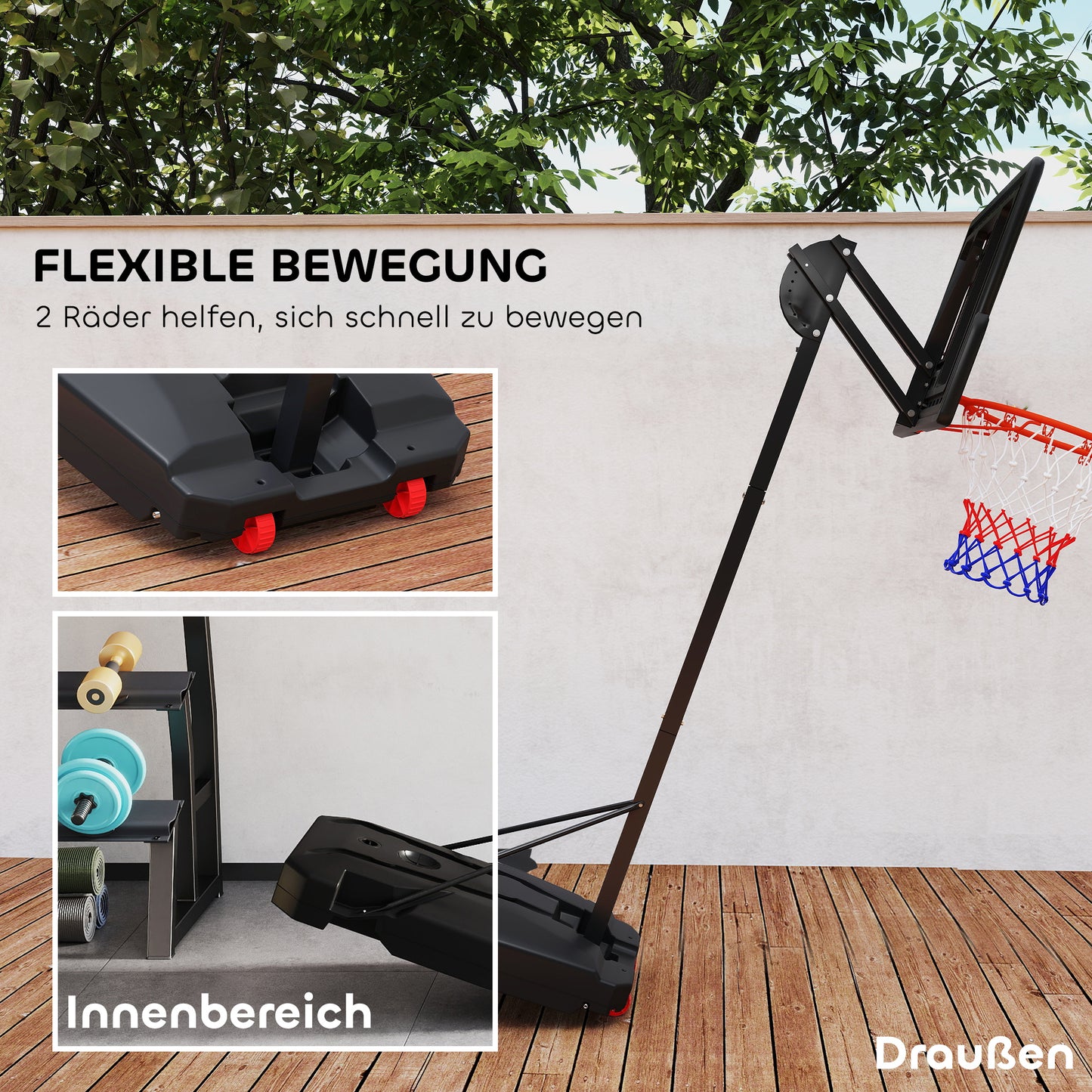Basketbalring – Basketbalbord – Basketbalnet – Basketbalsysteem – Basketbaldoel – Verstelbaar 200-260 cm – Met Wieltjes – Rood – Voor Buitengebruik