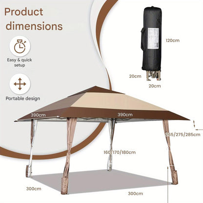 Partytent – Paviljoen – Feesttent – Tuintent – Pop-up Tent – Stevig Stalen Frame – Verstelbare Hoogte 390x390 cm – Water- en UV-bestendig Doek – Inclusief Draagtas met Wieltjes – Bruin